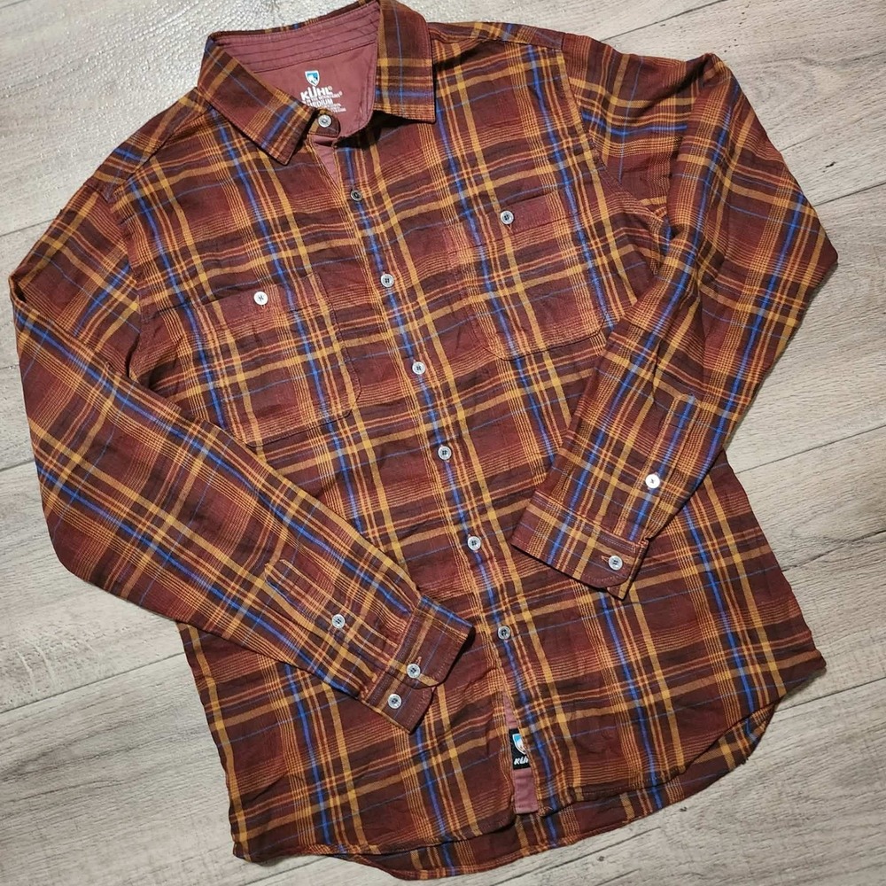 Kuhl Mens Medium Plaid Button Down‎ Shirt Burgundy Yellow Blue Cotton Tencel LS